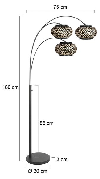 Steinhauer Stojacia lampa Nox Light s 3-pl. žiarovkami, čierna, bambusové pletivo, E27, Čierna, Obývacia izba / jedáleň, kov, Oblúková stojaca lampa