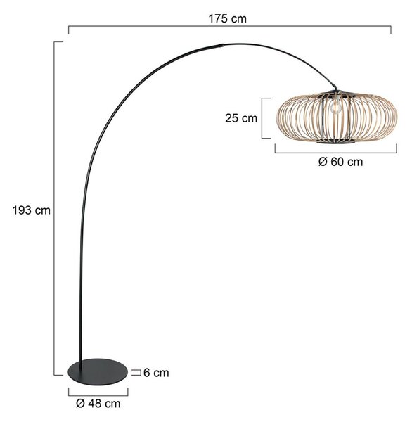 Lukové svietidlo Curve, čierne, tienidlo na lampu s bambusovými výstuhami, Ø 60, Čierna, Obývacia izba / jedáleň, kov, Oblúková stojaca lampa