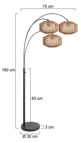 Stojacia lampa Nox Light s 3-pl. žiarovkami, čierna, hnedý kábel, E27, Čierna, Obývacia izba / jedáleň, kov, Oblúková stojaca lampa