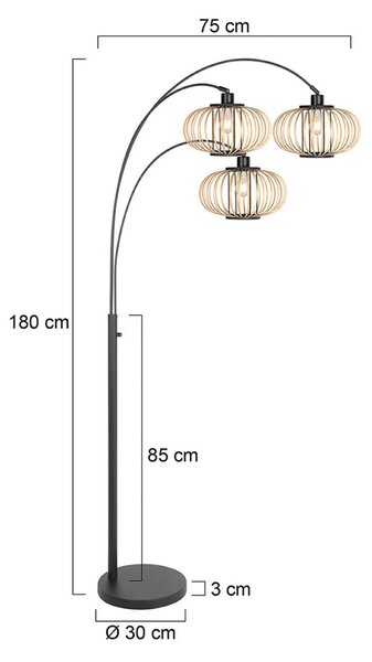 Steinhauer Stojacia lampa Nox Light 3-pl., čierna, bambusové tyče, E27, Čierna, Obývacia izba / jedáleň, kov, Oblúková stojaca lampa