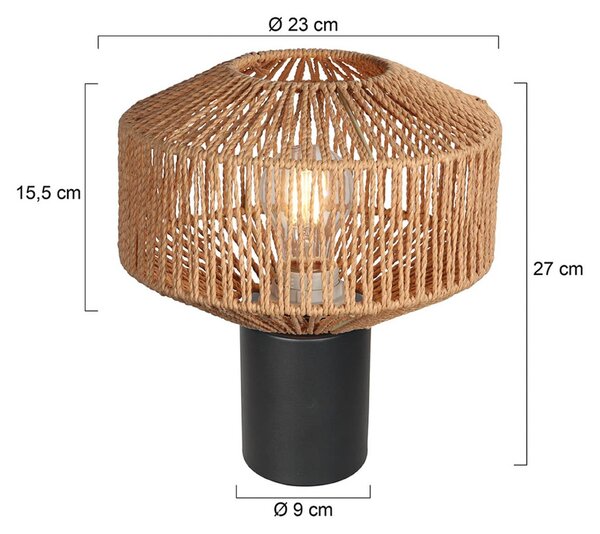 Stolová lampa Bloeba, čierna, s hnedým lanovým poťahom, Ø 23 cm, Čierna, Obývacia izba / jedáleň, kov, Stojacie svietidlo