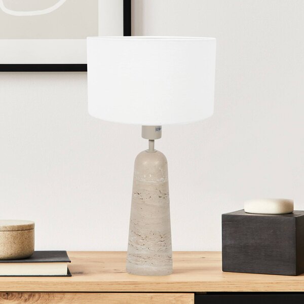 Stolová lampa Travino, výška 49 cm, travertín, ľan, E27, Krémová / jantárovo žltá, Obývacia izba / jedáleň, Kameň, Stojacie svietidlo