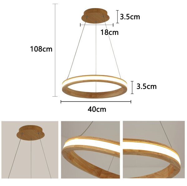 Brilagi - závesný LED luster na lanku UMEA WOOD, 30 W, 230 V, priemer 40 cm, drevený