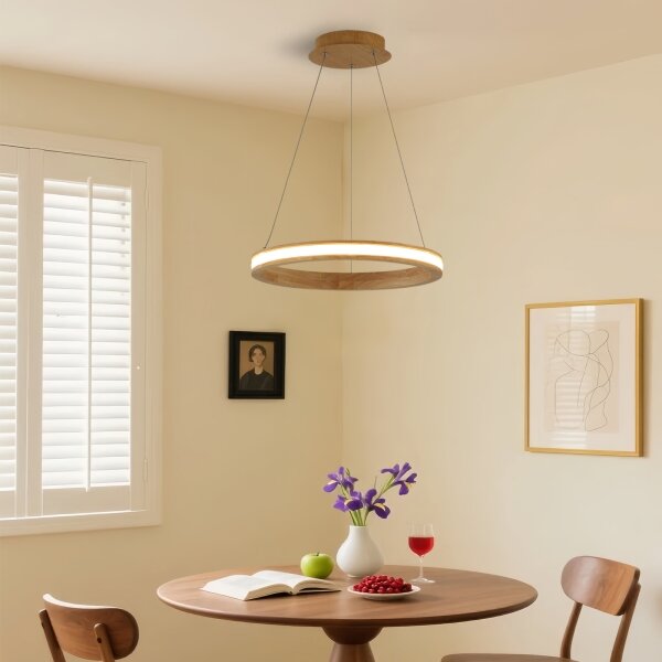 Brilagi - závesný LED luster na lanku UMEA WOOD, 30 W, 230 V, priemer 40 cm, drevený