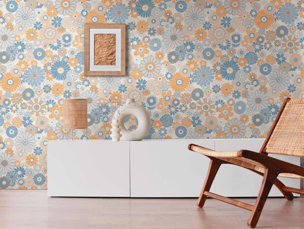 A.S. Création | Vliesová tapeta na stenu Retro Chic 39535-2 | 0,53 x 8,5 m | krémová, modrá, oranžová, viacfarebná