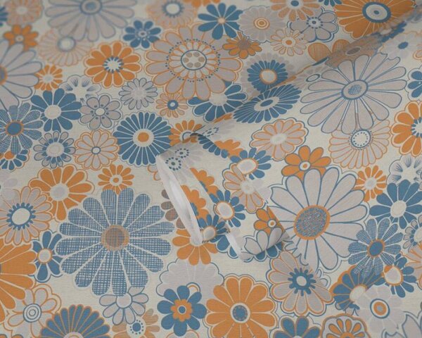 A.S. Création | Vliesová tapeta na stenu Retro Chic 39535-2 | 0,53 x 8,5 m | krémová, modrá, oranžová, viacfarebná