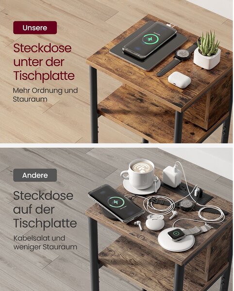 VASAGLE Rozkladací stolík s elektrickou a USB zásuvkou hnedý
