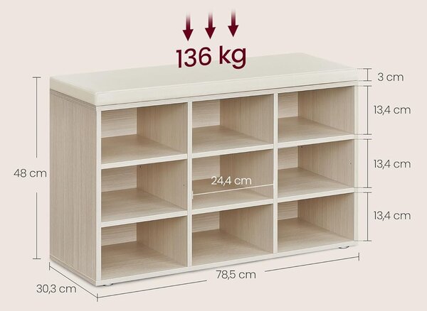 VASAGLE Lavica na topánky 9 políc 78 x 48 x 30 cm dub