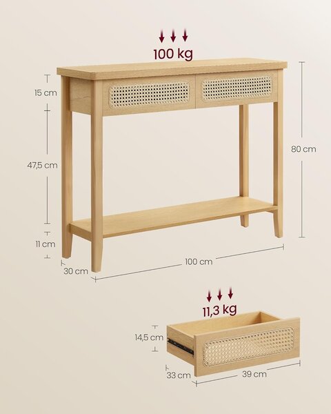 VASAGLE Konzolový stolík BOHO 2 zásuvky svetlohnedý