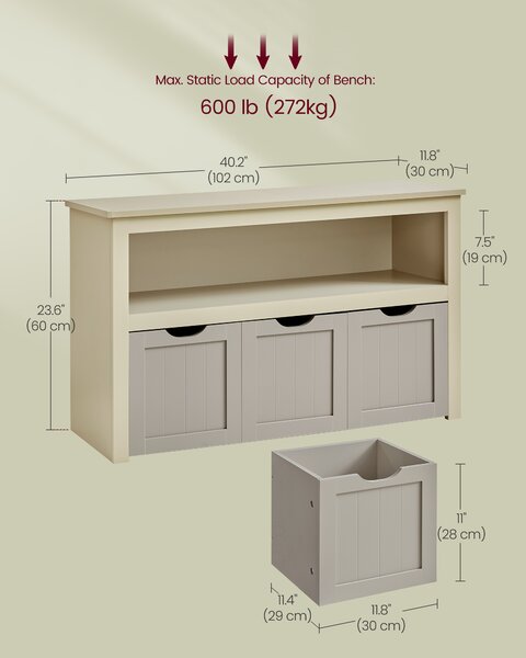 VASAGLE Skriňa s 3 úložnými boxmi 102 x 60 x 30 cm béžová