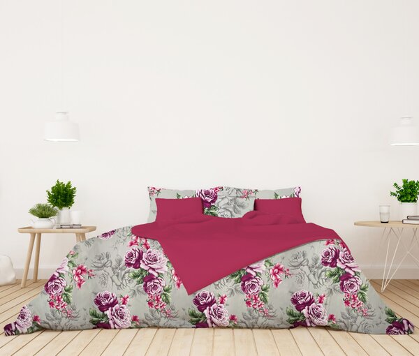 Ervi Bavlnené Saténové obliečky DELUXE DUO - Ruže fialové/fuchsia