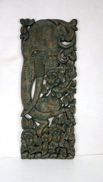 Dekorácia na stenu Slon, teakové drevo, zelená, patina, 35x90cm, ručná práca