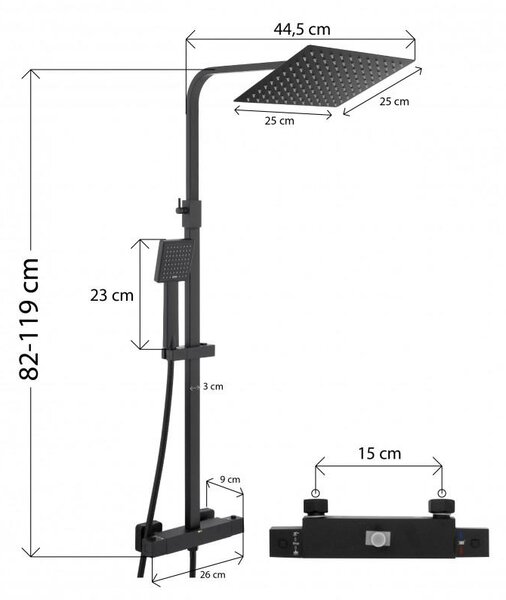 Erga Goba, sprchová súprava s termostatickou batériou a dažďovou hlavicou 25x25cm, čierna matná, ERG-YKA-BP.GOBA-THERM-25-BLK