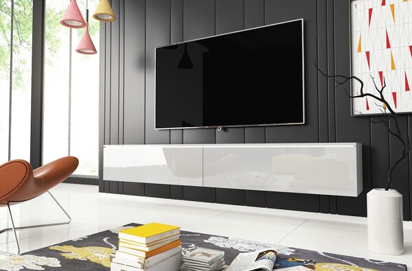 Minimalistický TV stolík Lowboard D 180 cm - biely / biely lesk