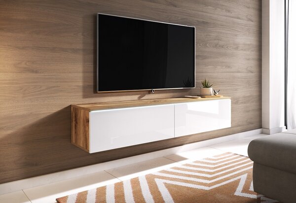 Závesný TV stolík Lowboard D 140 cm - dub wotan / biely lesk