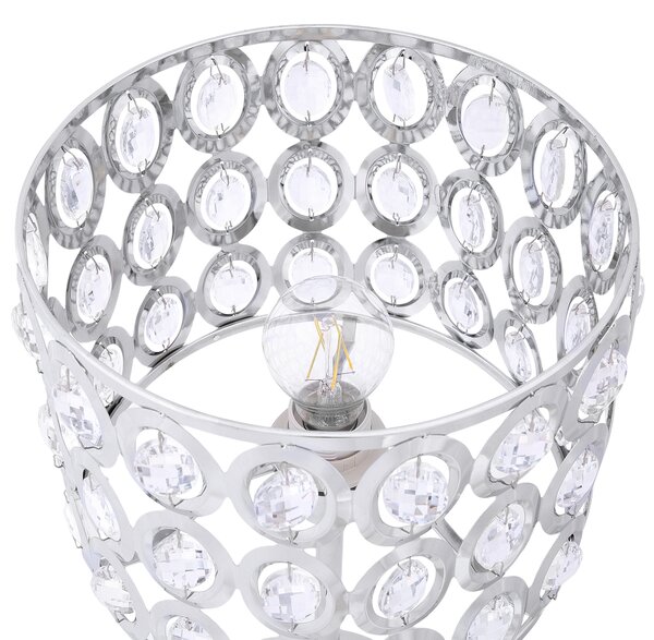 Stolná lampa strieborná výška 53 cm otvorené okrúhle tienidlo s akrylovými kryštálikmi elegantný dizajn