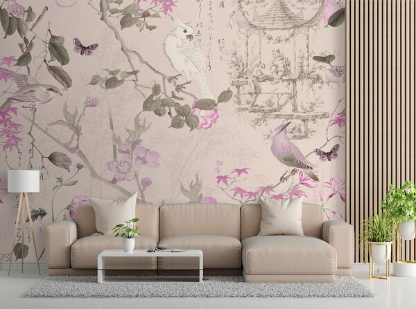 Fototapeta Vtáky a ružové kvety - Andrea Haase Materiál: Vliesová, Rozmery: 200 x 140 cm