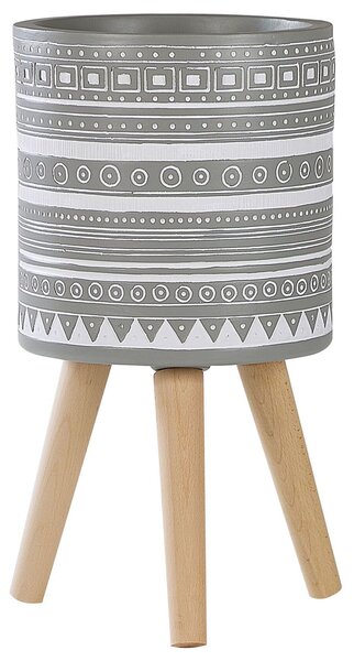 Stojanový kvetináč sivá biela oxid horečnatý ⌀ 30 cm okrúhly tvar geometrický etnický vzor drevené nohy moderný boho štýl interiér exteriér