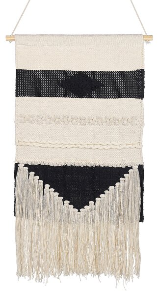 Nástenná dekorácia béžová čierna bavlna borovicové drevo pletená ručná výroba so strapcami makramé boho štýl doplnky dekorácie