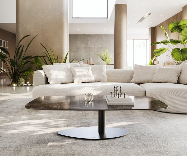 DELIFE Konferenčný stolík Edge zaoblený 140x80 cm keramika Laminam® Emperador Extra Lucidato tmavohnedá Vibany kov čierna