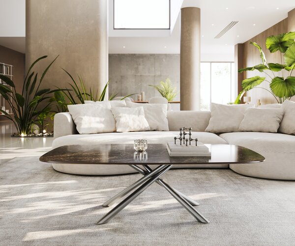 DELIFE Konferenčný stolík Edge zaoblený 140x80 cm keramika Laminam® Emperador Extra Lucidato tmavohnedá Sarity nerezová oceľ kefovaná