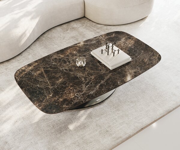 DELIFE Konferenčný stolík Edge zaoblený 140x80 cm keramika Laminam® Emperador Extra Lucidato tmavohnedá Vibany kov čierna