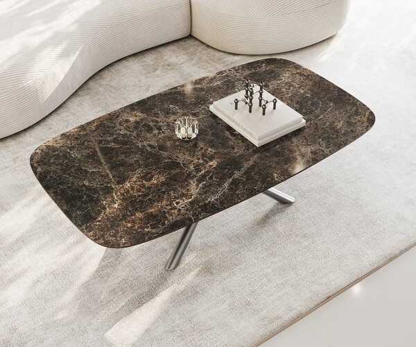 DELIFE Konferenčný stolík Edge zaoblený 140x80 cm keramika Laminam® Emperador Extra Lucidato tmavohnedá Sarity nerezová oceľ kefovaná