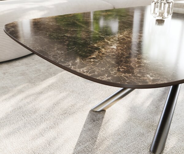 DELIFE Konferenčný stolík Edge zaoblený 140x80 cm keramika Laminam® Emperador Extra Lucidato tmavohnedá Sarity nerezová oceľ kefovaná