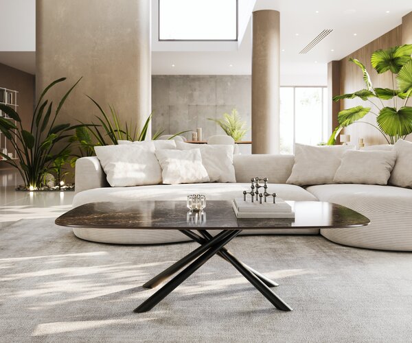 DELIFE Konferenčný stolík Edge zaoblený 140x80 cm keramika Laminam® Emperador Extra Lucidato tmavohnedá Sarity kov čierna