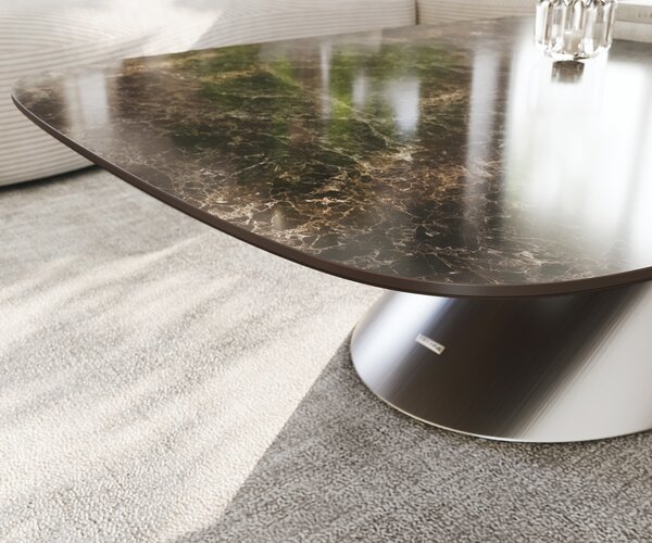 DELIFE Konferenčný stolík Edge oválny 140x80 cm keramika Laminam® Emperador Extra Lucidato tmavohnedá kužeľová nerezová oceľ kefovaná