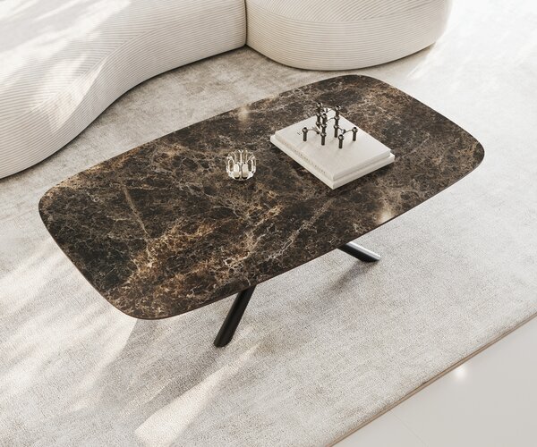 DELIFE Konferenčný stolík Edge zaoblený 140x80 cm keramika Laminam® Emperador Extra Lucidato tmavohnedá Sarity kov čierna