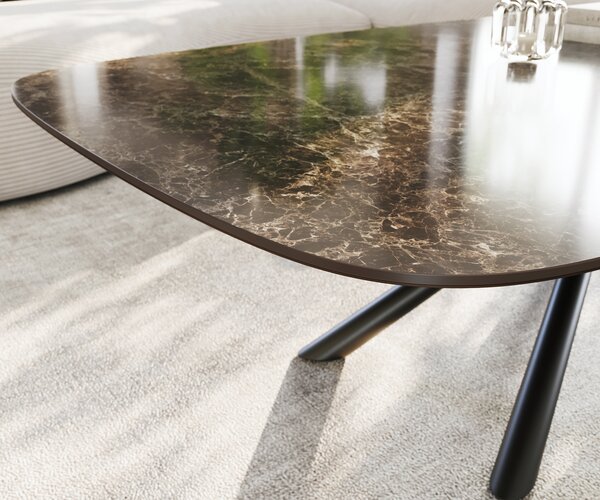 DELIFE Konferenčný stolík Edge zaoblený 140x80 cm keramika Laminam® Emperador Extra Lucidato tmavohnedá Sarity kov čierna