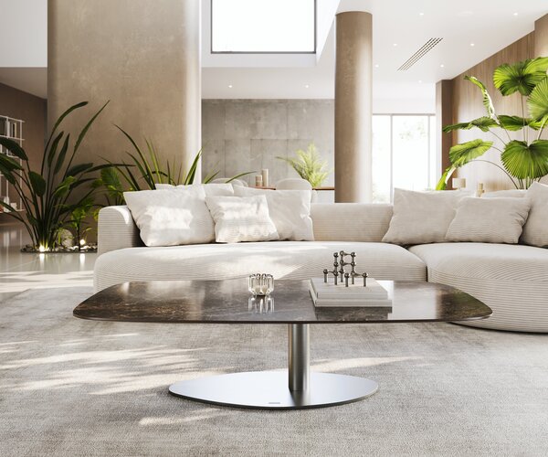 DELIFE Konferenčný stolík Edge zaoblený 140x80 cm keramika Laminam® Emperador Extra Lucidato tmavohnedá Vibany nerezová oceľ kefovaná
