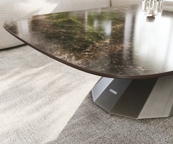 DELIFE Konferenčný stolík Edge zaoblený 140x80 cm keramika Laminam® Emperador Extra Lucidato tmavohnedá Parabi metalická strieborná