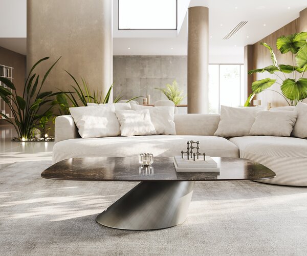 DELIFE Konferenčný stolík Edge zaoblený 140x80 cm keramika Laminam® Emperador Extra Lucidato tmavohnedá Conis metalická strieborná