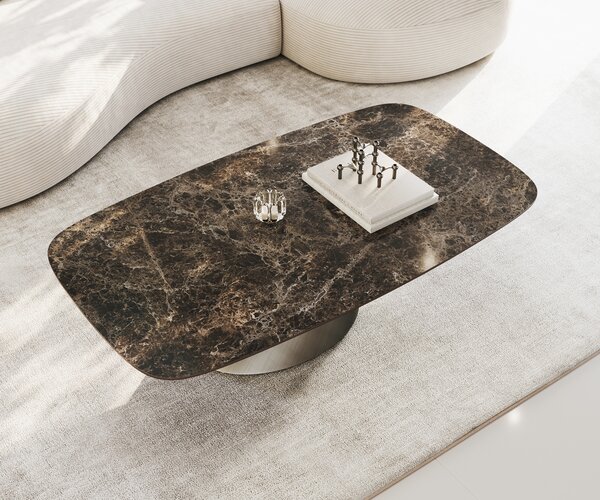 DELIFE Konferenčný stolík Edge zaoblený 140x80 cm keramika Laminam® Emperador Extra Lucidato tmavohnedá Conis metalická strieborná