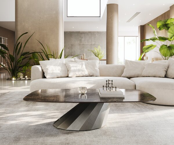 DELIFE Konferenčný stolík Edge zaoblený 140x80 cm keramika Laminam® Emperador Extra Lucidato tmavohnedá Parabi metalická strieborná