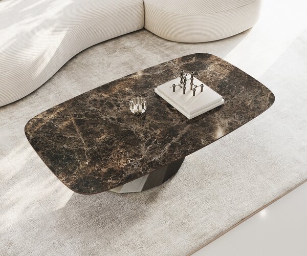 DELIFE Konferenčný stolík Edge zaoblený 140x80 cm keramika Laminam® Emperador Extra Lucidato tmavohnedá Parabi metalická strieborná