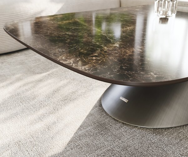 DELIFE Konferenčný stolík Edge zaoblený 140x80 cm keramika Laminam® Emperador Extra Lucidato tmavohnedá Conis metalická strieborná