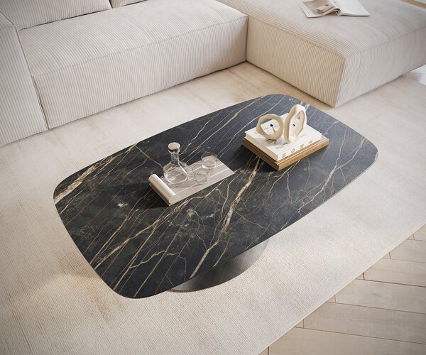 DELIFE Konferenčný stolík Edge zaoblený 120x70 cm keramika Laminam® Noir Desir hnedá Conis metalická strieborná