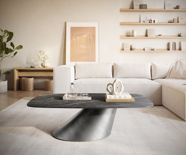 DELIFE Konferenčný stolík Edge zaoblený 120x70 cm keramika Laminam® Noir Desir hnedá Conis metalická strieborná