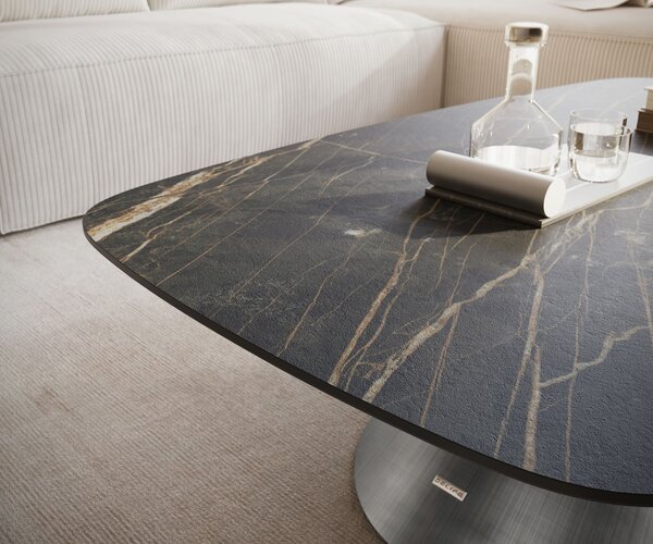DELIFE Konferenčný stolík Edge zaoblený 120x70 cm keramika Laminam® Noir Desir hnedá Conis metalická strieborná