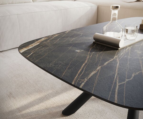 DELIFE Konferenčný stolík Edge zaoblený 120x70 cm keramika Laminam® Noir Desir hnedá Sarity kov čierna