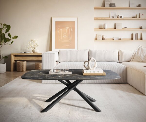 DELIFE Konferenčný stolík Edge zaoblený 120x70 cm keramika Laminam® Noir Desir hnedá Sarity kov čierna
