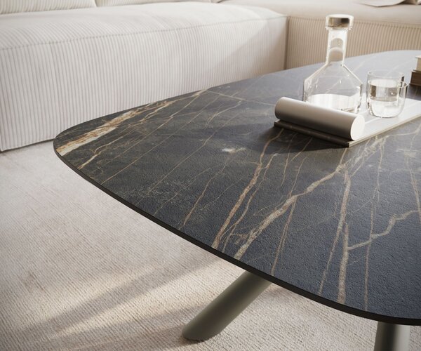 DELIFE Konferenčný stolík Edge zaoblený 120x70 cm keramika Laminam® Noir Desir hnedá Sarity kov efektový povrch titánová