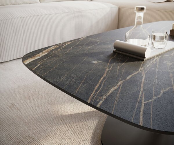 DELIFE Konferenčný stolík Edge zaoblený 120x70 cm keramika Laminam® Noir Desir hnedá Vibany kov čierna
