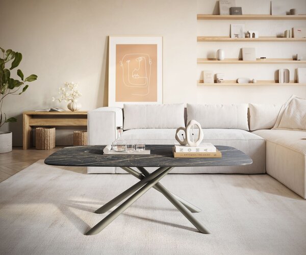 DELIFE Konferenčný stolík Edge zaoblený 120x70 cm keramika Laminam® Noir Desir hnedá Sarity kov efektový povrch titánová