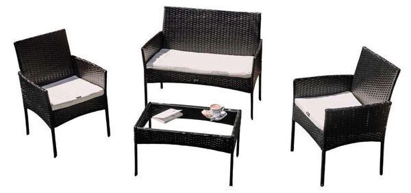Ferani Súprava záhradného nábytku na terasu, technoratan, 4-miestna, s vankúšmi: kreslo, pohovka, konferenčný stolík, farba: čierna/béžová
