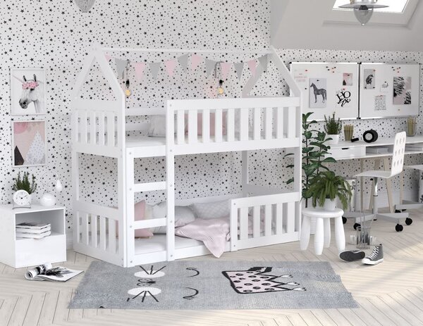 MAXMAX Detská poschodová domčeková posteľ z masívu borovice MINI s Montessori lôžkom - 160x80 cm - biela