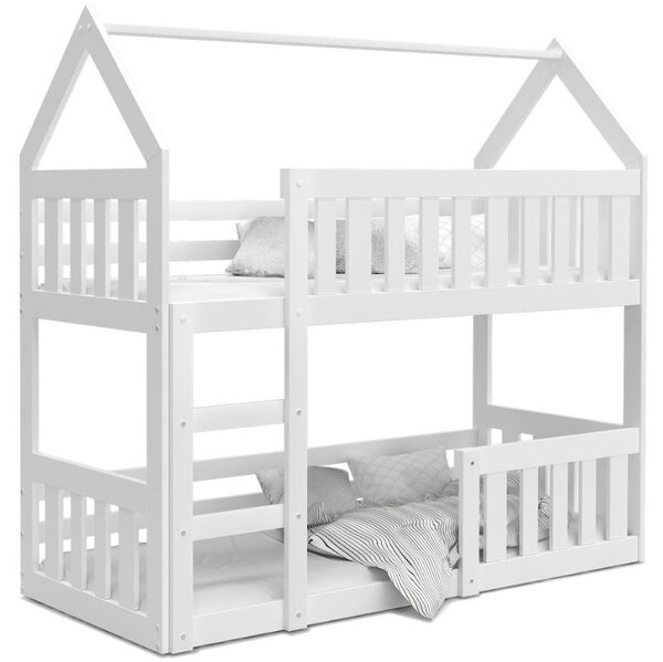 MAXMAX Detská poschodová domčeková posteľ z masívu borovice MINI s Montessori lôžkom - 160x80 cm - biela
